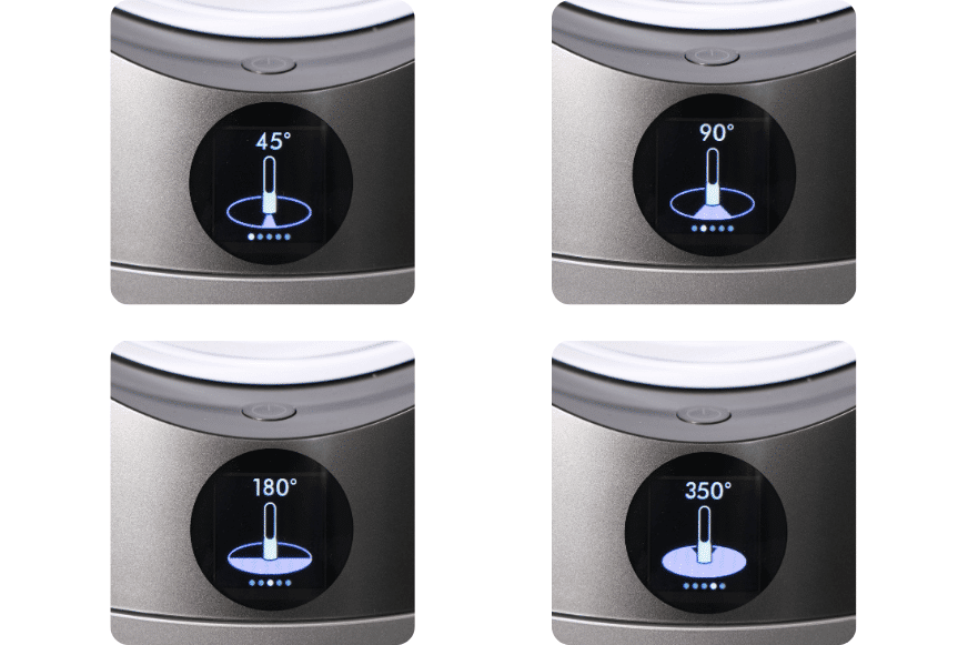 Verschiedene Winkel der Drehbewegung des Dyson Pure Cool TP04 Luftreinigers werden auf dem LCD-Display angezeigt